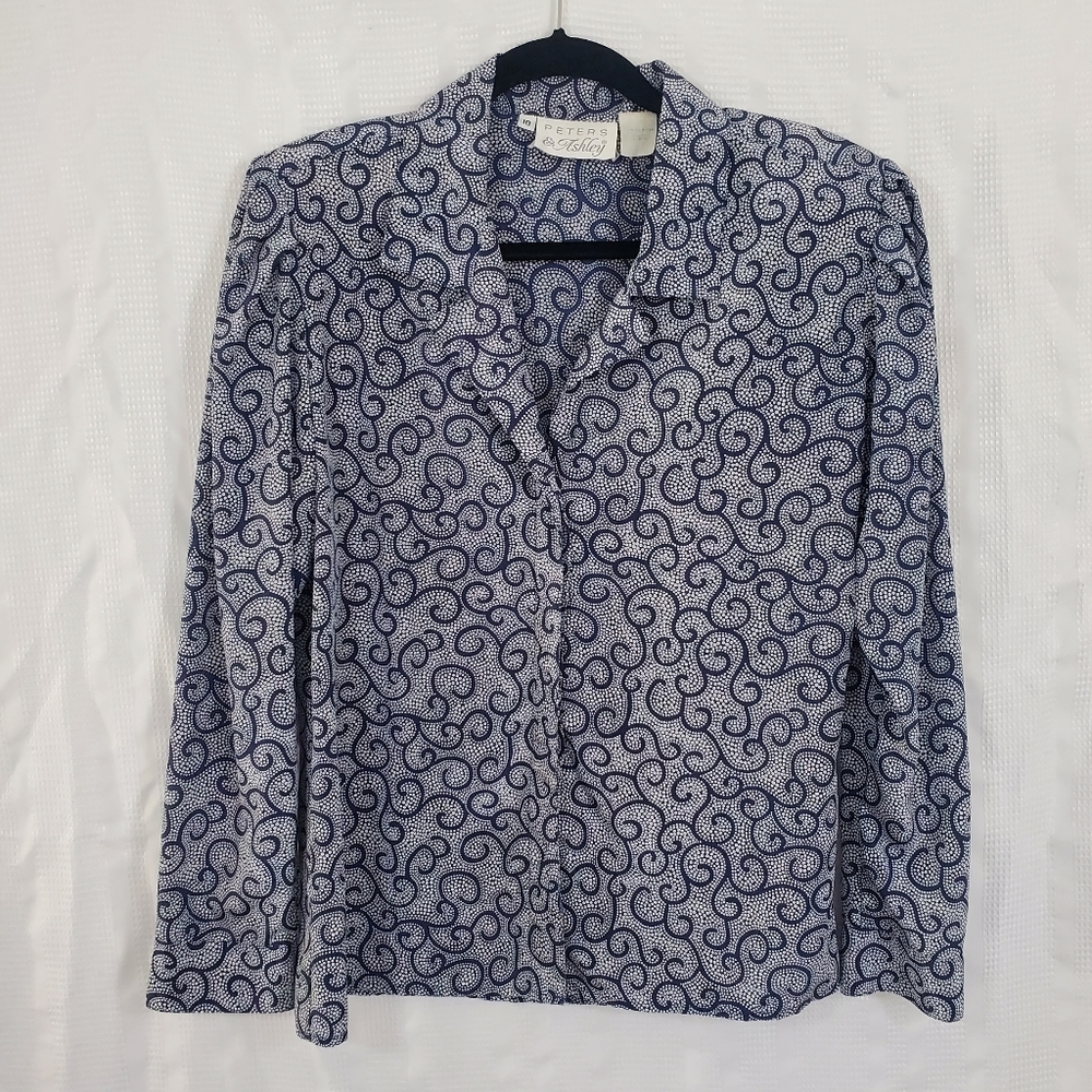 VINTAGE PETERS & ASHLEY Longsleeve Blouse Blue/White Pattern Size 10